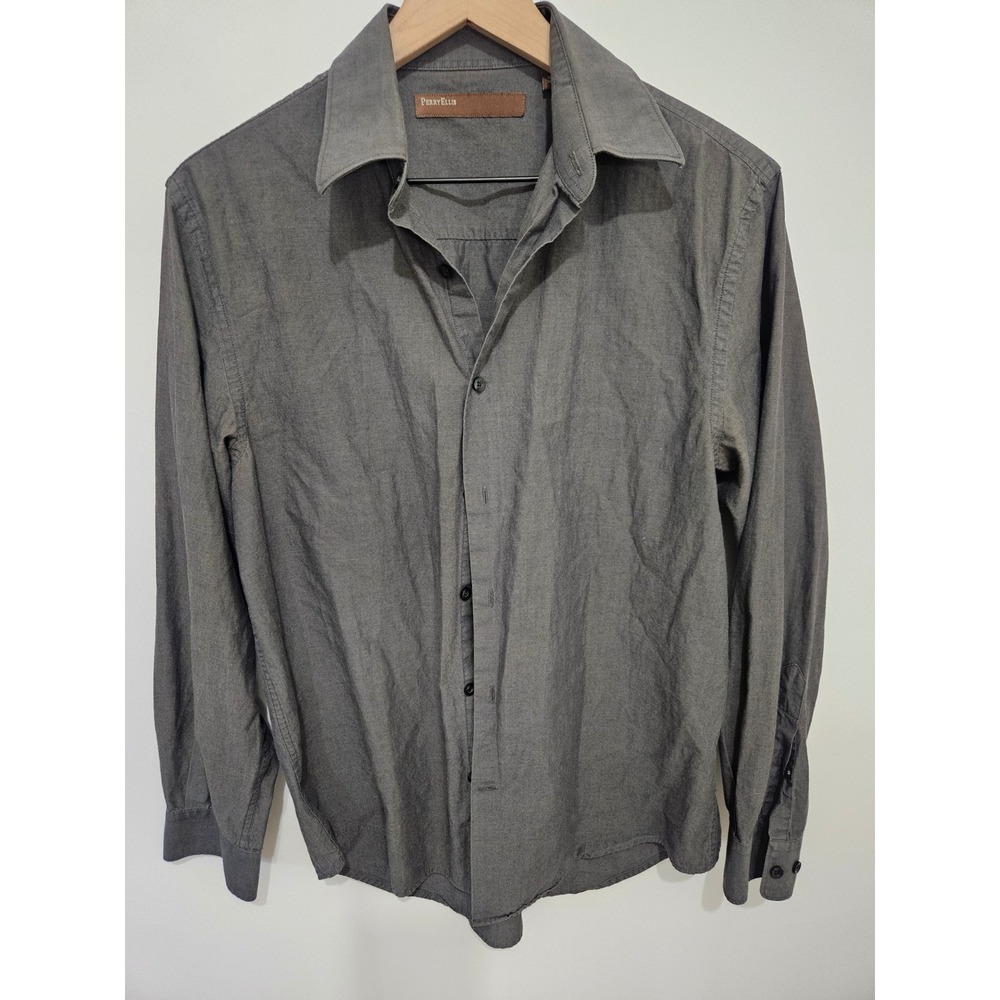Perry Ellis Mens Gray Cotton Long Sleeve Button Down Shirt Size Medium Charcoal